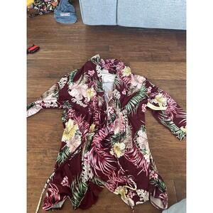 Kiyonna Womens 1X Tropical Floral Wrap Cardigan Burgundy Hibiscus Made in USA‎